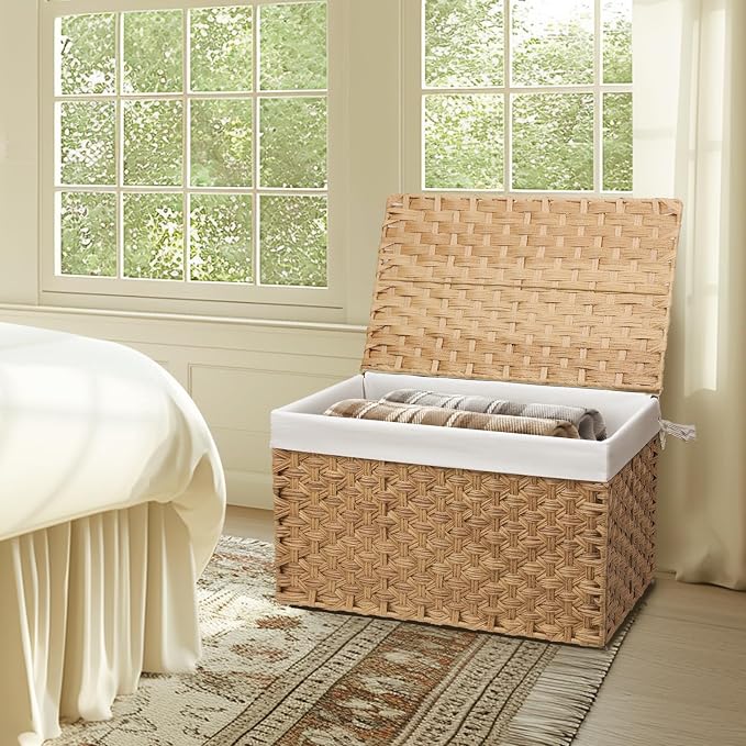 Wicker Storage Basket with Lid, 52.8 Gallon (200L) Large Blanket Basket with Lid, Woven Storage Bin with Handles, Removable Liner, Metal Frame, Foldable, for Bedroom, Laundry Room, Natural - Image 7