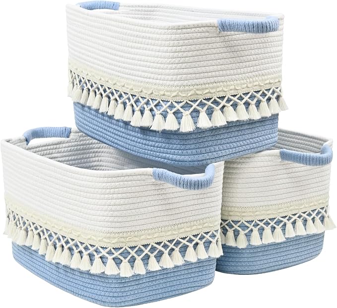3 Pack Storage Basket for Shelves, Boho Cotton Rope Storage Bins with Heavy Tassel, Shelf Baskets Large Woven Baskets for Organizing, Cube Organizer Bins, Baby Laundry Basket for Clothes, Toys, Pets by Degeyoyo