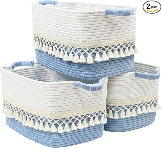 2 Pack Storage Basket, Heavy Tassel Woven Baskets for Storage, Boho Cotton Rope Storage Bin, Cube Organizer Bins, Baby Laundry Basket for Clothes, Toys, Diapers, Pets（White & Blue） by Degeyoyo