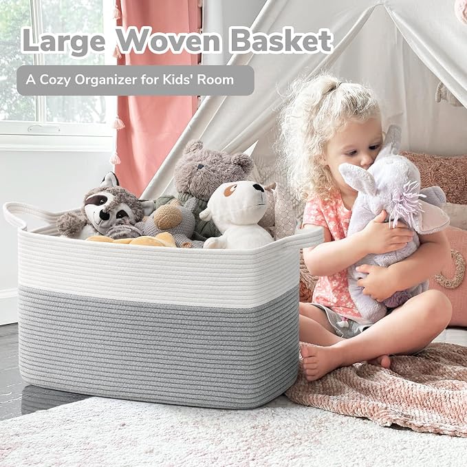 Goodpick Large Woven Rope Blanket Basket, Rectangle, White Gray | 21.6'' x 14.9'' x 11.8'' Storage Basket for Toys, Blankets & Clothes, Nursery & Bedroom Organization, Reinforced Handles - Image 2