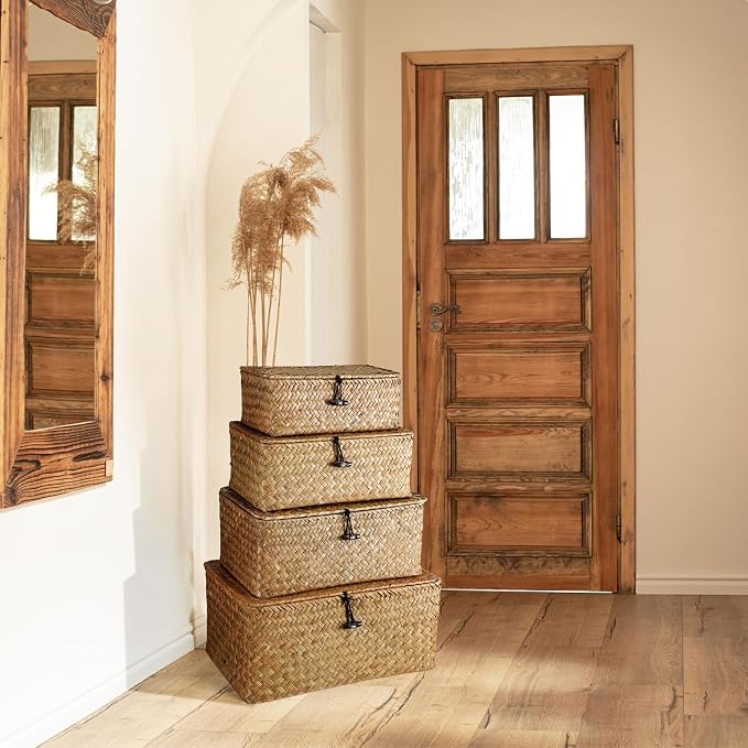 Woanger Set of 4 Wicker Baskets with Lids, Nautral Seagrass Storage Baskets, Woven Rectangular Basket Bins, Rattan Storage Organizer for Shelf Closet Bedroom(Orange) - Image 4