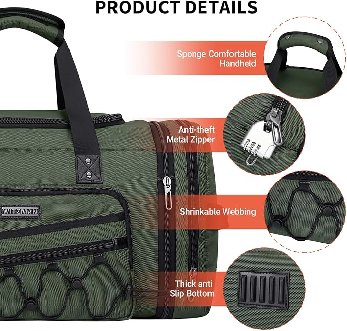 WITZMAN Mens Duffle Bag Expandable 50L Travel Gym with Shoe Compartment | Nylon, Large, With Dry-wet Pocket, Fits 16" Laptop, Carry-on Bag, For Sports Weekender Overnight, B695 Army Green - Image 7
