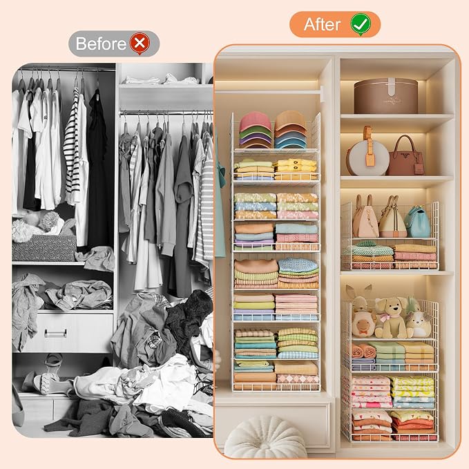 8 Tier Extended Width Hanging Closet Organizer, Sweater Storage for Closet Organizer System, Stackable Wire Basket Bins for Clothes Purse Shoes, Hanging Shelves with 4 Hooks & 4 Dividers Adjustable - Image 7