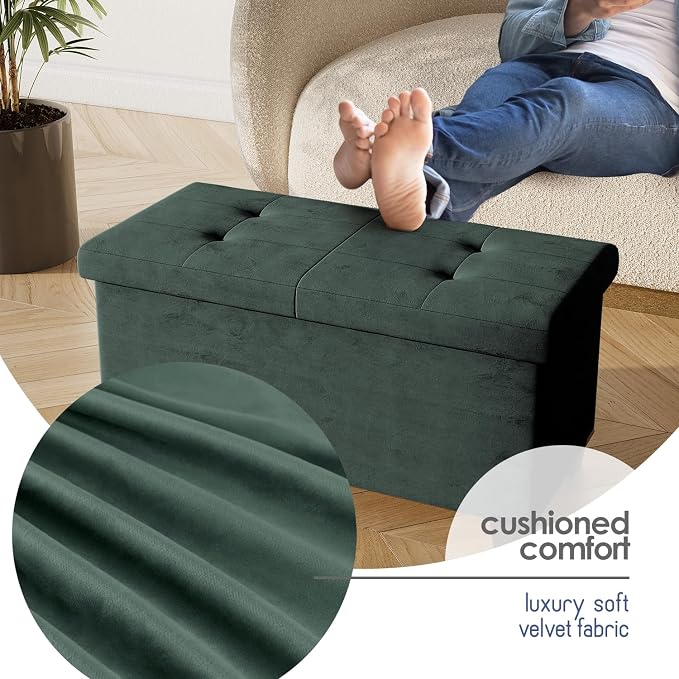 Storage Ottoman Bench with Bins, 30-in Storage Bench for Bedroom End of Bed, Folding Foot Rest Ottoman for Living Room Max 660lbs, Velvet Ottomans, Green - Image 8