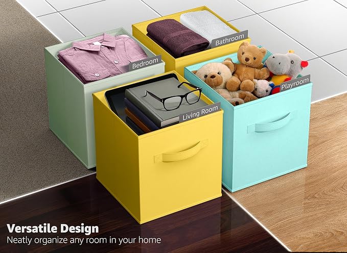 Sorbus Storage Cubes - 11" Foldable Storage Bins with Handle for Nursery, Playroom, Closet Organizers and Storage - 6 Fabric Shelf Basket for Toys, Books, Clothes - Green Yellow & Blue Storage Bins - Image 5