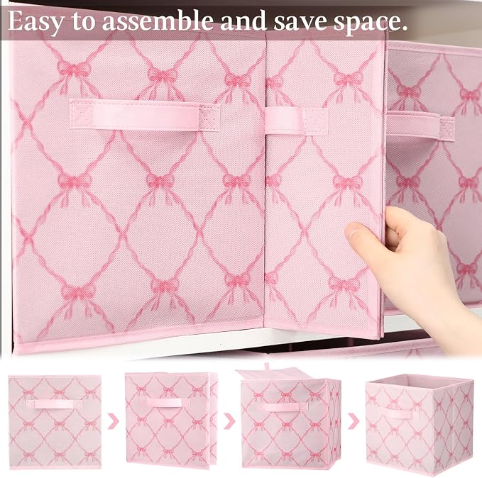 6 Pcs Light Pink Bow Cube Storage Bins 11 Inch Storage Basket | Preppy Girls Organizer Basket with Handle, Collapsible Fabric Box for Classroom Bedrooms Office Home Decoration Gift - Image 3
