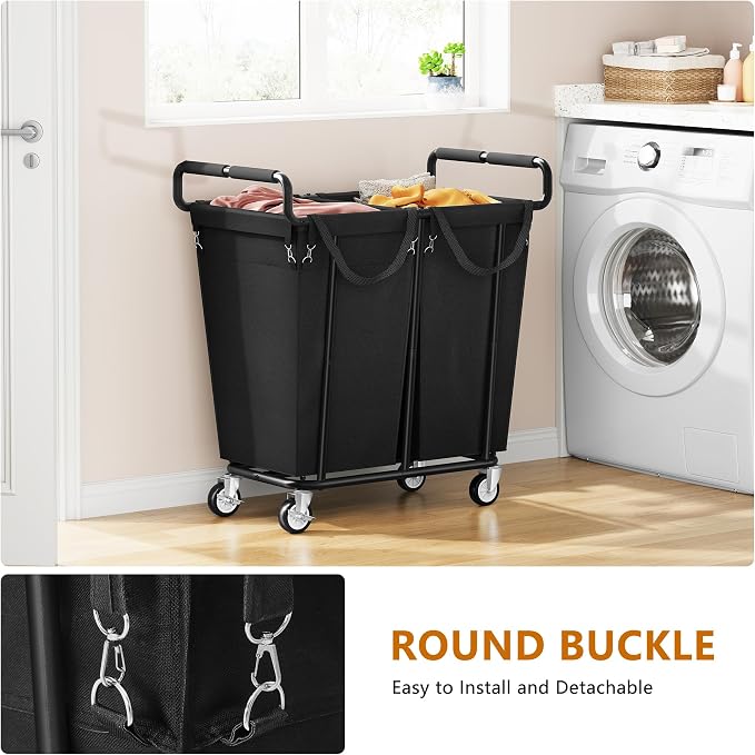 Gewudraw 2 Bag Laundry Hamper with Wheels Medium Size, 250L, Black | Rolling Laundry Basket, Steel Frame, Removable Liner, Heavy Duty Rolling Laundry Cart with Handle for Laundry Room, Bathroom - Image 5