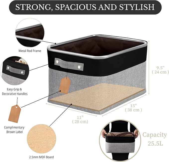 DECOMOMO Storage Bins, Large Fabric Storage Baskets for Shelves 4 Pack | 15 x 11 x 9.5 inches Decorative Linen Closet Organizers (Grey & Black) - Image 3
