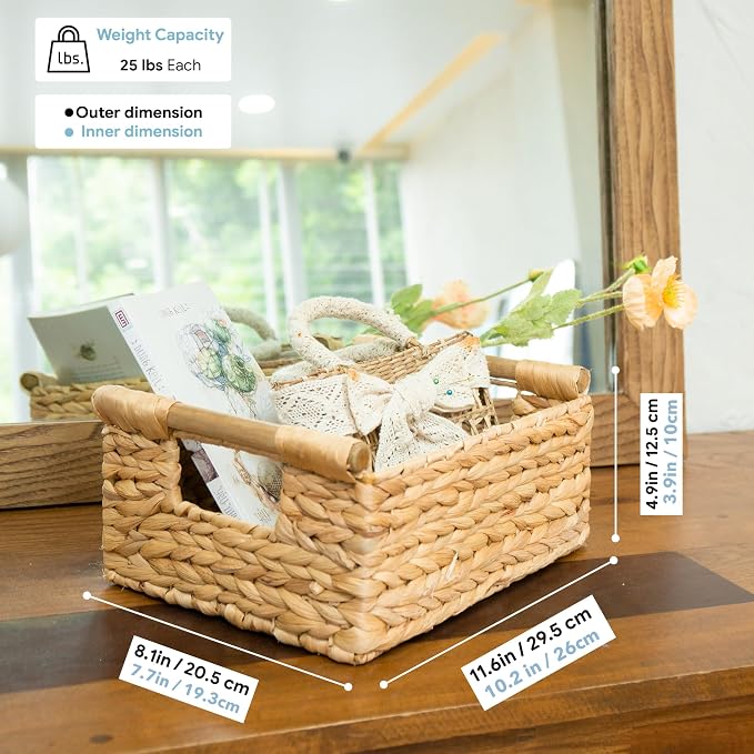 VATIMA Hyacinth Small Wicker Basket 11.6x8.1x4.9" - Bathroom Organizer, Wooden Handle, Decorative Storage - Image 5