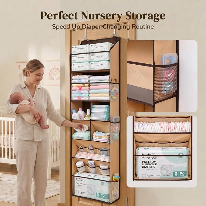 6-in-1 Over Door Hanging Organizer with 12 Mesh Pockets, 44 lbs Capacity, Light Brown – Versatile Behind Door Storage for Baby Nursery, Newborn Essentials, Bedroom, Bathroom & Dorm - Image 3