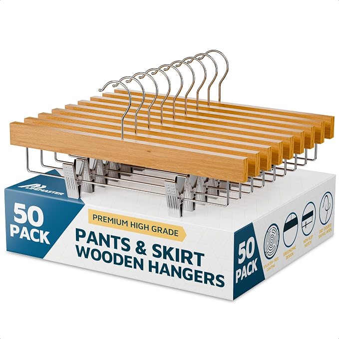 Natural Color Wooden Pants Hangers 50 Pack, Lotus Wood Hanger with Adjustable Non-Slip Clips, Heavy Duty 10 lb Capacity, 360° Swivel Hook, Slim, Space-Saving Design for Slacks, Jeans, Skirts by LIFEMASTER