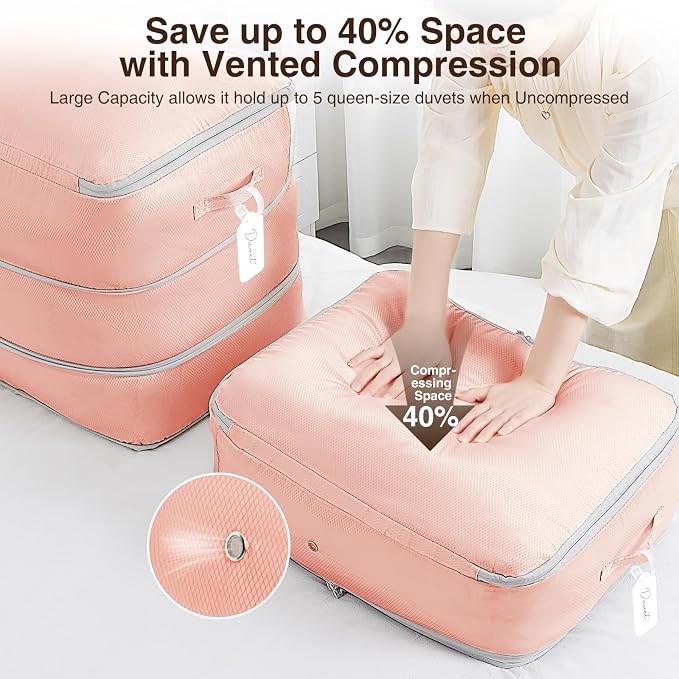 2 Pack Compression Storage Bags - 110L Large Capacity Comforter Storage Bag, 3-Layer Washable Ultra Space Saving Self Compression Organizer Space Bags for Blankets, Sweaters, Sheets, Pink - Image 3