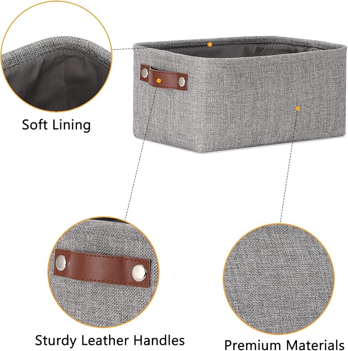 DULLEMELO Small Storage Baskets 11.8"x7.9"x5.1", Fabric Storage Bins for Shelves,Closets,Nursery,Home,Office [3 Pack], Collapsible Storage Baskets with Leather Handles (Gray) - Image 3