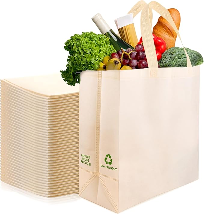 Simply Cool 50 Pack Reusable Grocery Bags, Medium Tote Bags Bulk, Cream | 12.6"x6.3"x11.8" Heavy Duty Non-woven Custom Shopping Bags with Handles, Foldable, Washable for Retail and Commercial use by SimplyCool