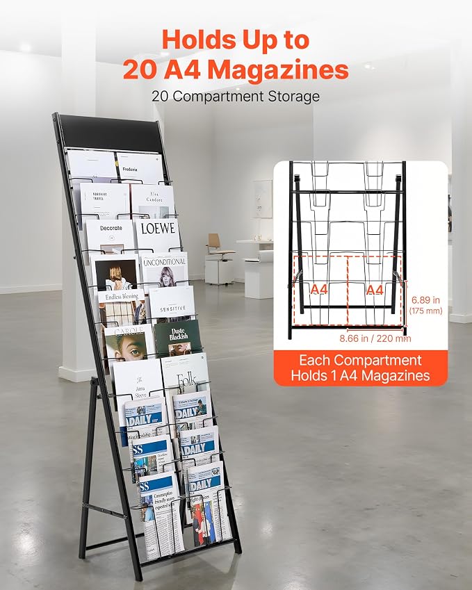 VEVOR Brochure Display Rack, 20 Pockets Magazine Literature Display Stand, Portable Floor Standing Magazine Rack, Metal Newspaper Catalog Holders for Shop, Exhibitions, Office, Trade Show, Black - Image 2