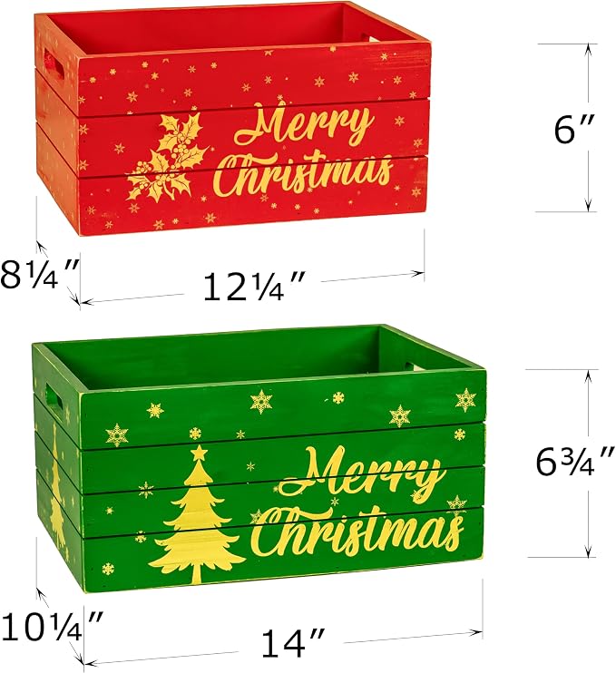 Red Co. Set of 2 Red and Green Decorative Nesting Wooden Merry Christmas Storage Crate Organizers with Golden Lettering - Image 4
