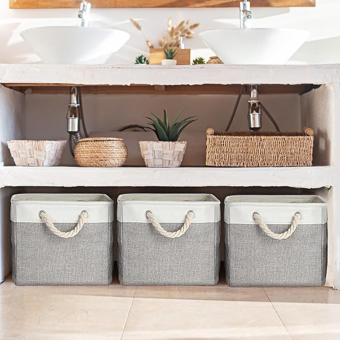 meekoo 8 Pack Collapsible Storage Bins Fabric Storage Bins Polyester Fabric Baskets with Handles Linen Closet Organizer for Shelf Home Closet Towels Toys(15 x 11 x 9.5 in,Gray White) - Image 6