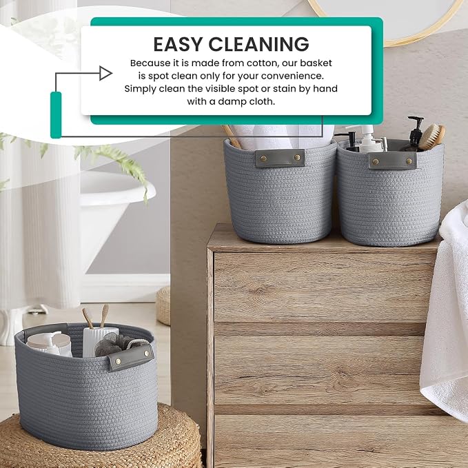 3 Pack Woven Cotton Rope Storage Basket, 15x10x9, Gray | Faux Leather Handles; Decorative Closet Shelf Organizer; Ideal for Storage & Organization - Image 5