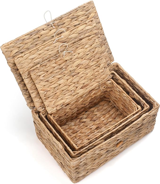 XIMISISE 3 Pack Wicker Storage Basket with Lid, Water Hyacinth Basket | Woven Basket for Shlef, Decorative Storage Boxes for Organizing - Image 5