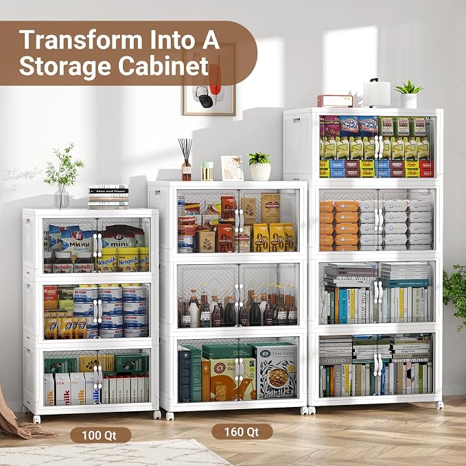 BROVIEW 400QT Large Stackable Storage Bins with Clear Doors, V20 4Pack | 100Gal Plastic Closet Organizer Cabinet with Lid and Wheels, Collapsible Latch Box Folding Drawer for Home, White - Image 8