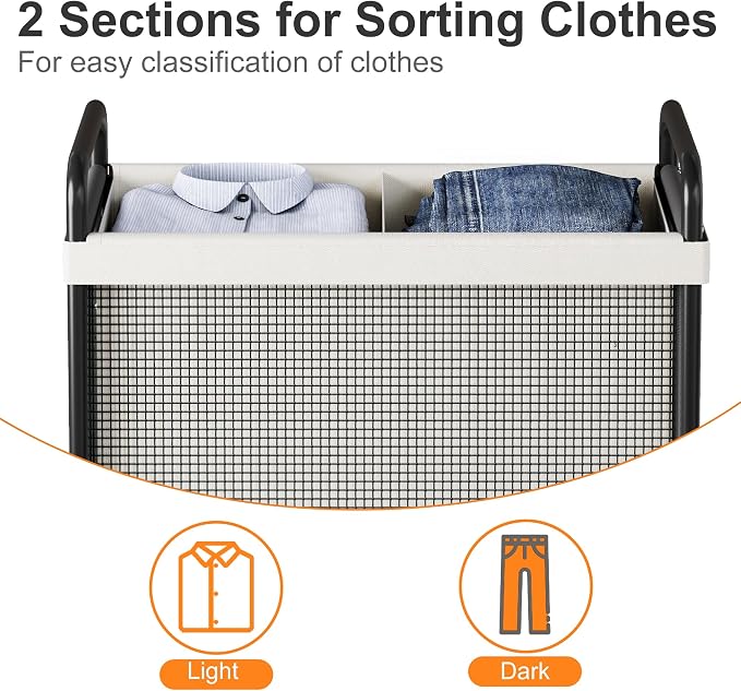 WOWLIVE Rolling Laundry Hamper 2 Section, 100L Laundry Basket with Wheels | Double Laundry Sorter with Metal Handle and Removable Bag, Large Clothes Hamper for Laundry Room, Bathroom and Dorm, Beige - Image 5