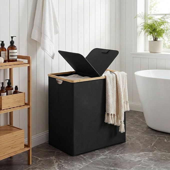 efluky Laundry Hamper with Lid, Double Laundry Basket with 2 Removable Bags, 2 Section Laundry Bin with Bamboo Handles for Bathroom, Bedroom & Laundry Room, 140L (36.9 Gallon) Black - Image 2