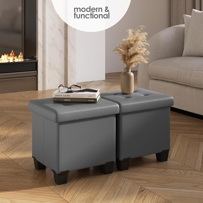 Storage Ottoman Cube with Small Bin, 15-in Square Ottoman with Storage for Living Room and Bedroom, Small Ottomans Foot Rest, Faux Leather Foot Stools Ottomans Max 330lbs, Grey - Image 2