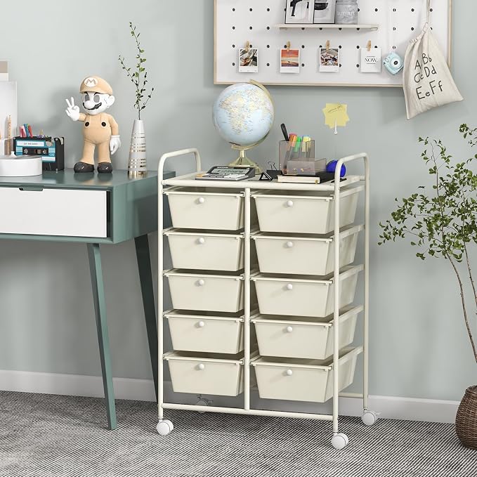 COSTWAY 10 Drawer Rolling Storage Cart, Utility Cart with Lockable Wheels | Mobile Art Supply Craft Organizer with Metal Frame, Multipurpose Drawer Cart for Paper for Office, School, White - Image 2