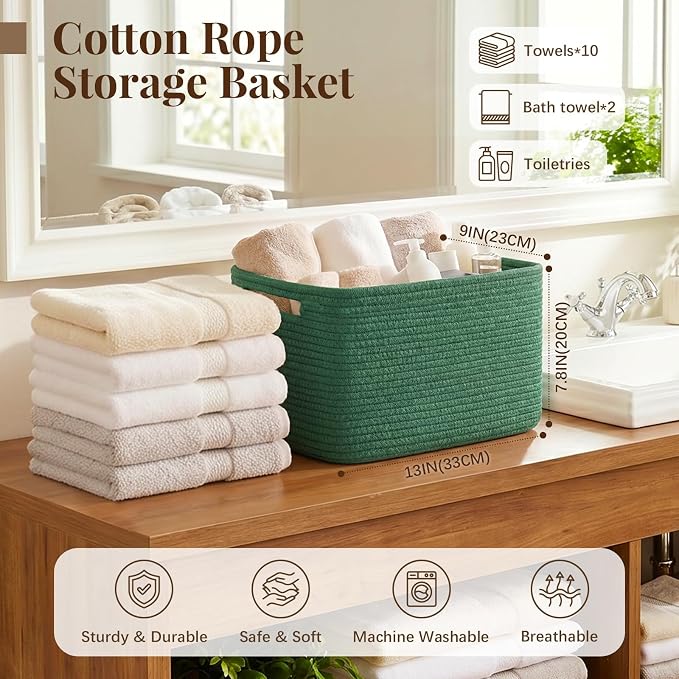 OIASKET 4Packs Natural Cotton Rope Storage Baskets for Organizing Toys, Clothes, Towels & Books, Soft Versatile Organizers for Shelves, Home Decorative Bins, 13''Lx9''Wx7.8''H, Green - Image 2