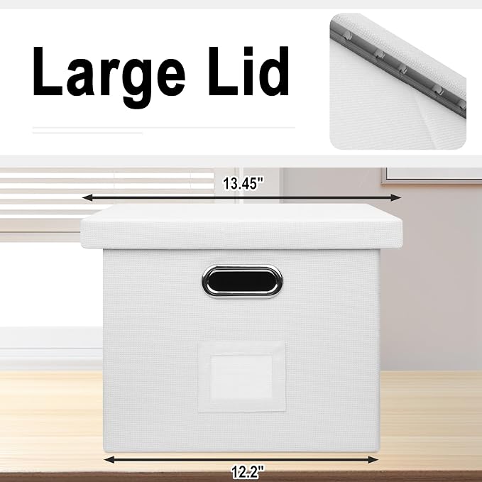 Storage Bins With Lids Office Organization File Folder Organizer Boxes | White, 2 Pack, 15.1" * 12.2" * 10.04", Built-In Handle, Collapsible, Stackable, Dustproof, Linen Fabric, Cardboards - Image 4