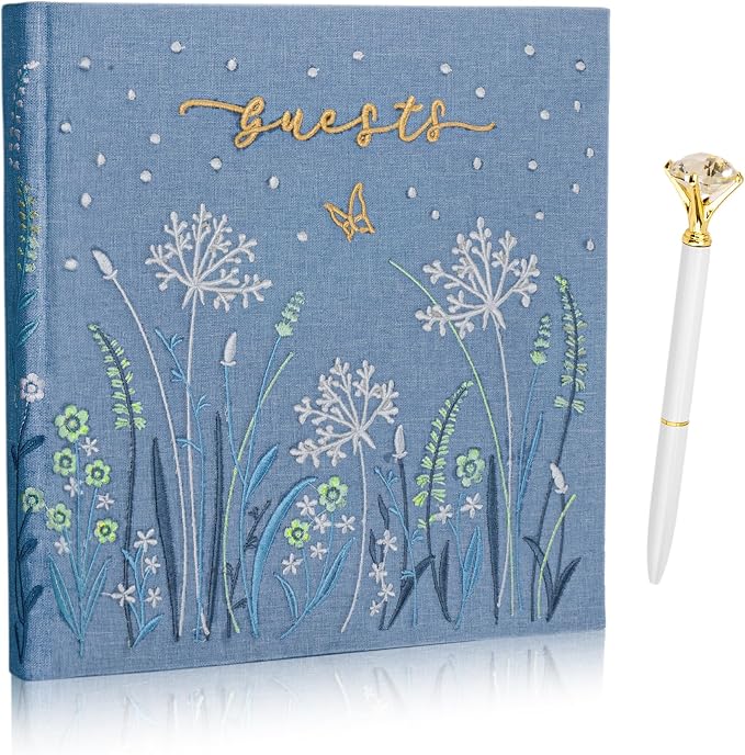 Embroidered Wedding Guest Book—The Perfect Polaroid Guest Book for Wedding Receptions, Birthdays, Baby Showers, and Special Events with 3 Photo Corner Stickers+ 3 DIY pens+1 Diamond Pen (Blue) by Gatyko