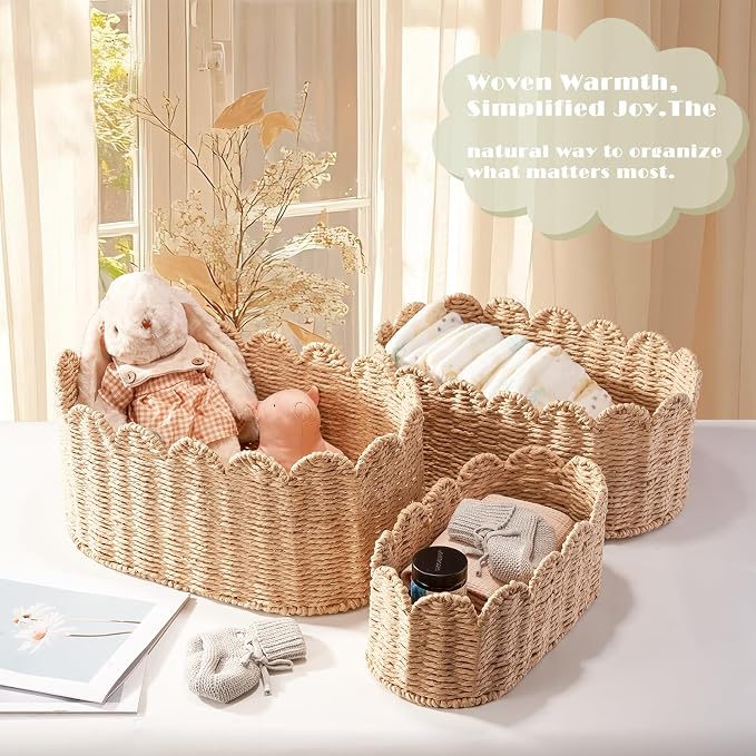 Scalloped Basket Set of 3, Wicker Storage Baskets - Hand-Woven Paper Rope Nursery Organizer for Diaper Caddy, Baby Toys & Shelves, Natural (16x10x7 Inch) - Image 2