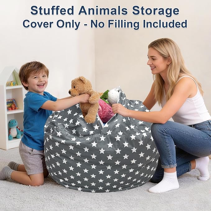 Lukeight Stuffed Animal Storage Bean Bag Chair Cover for Kids, Velvet Plush Toy Organizer Seat, Cover Only, No Filling Included, Long YKK Zipper, Side Pocket, Large 27"D x 16"H - Image 4