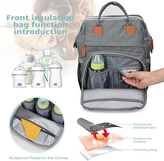 Diaper Bag Backpack for New Parents, Large Capacity Baby Travel Bag with Bottle Holders, Multiple Compartments (Grey) - Image 3