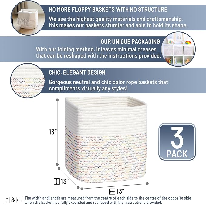NaturalCozy 13 Inch Cube Storage Bins Cotton Rope Woven Baskets for Organizing 3-Pack | 13 x 13 Storage Cubes | Fabric Square Storage Baskets for Shelves Organizer, Kids Toy Bins, Closet Baby Nursery - Image 2