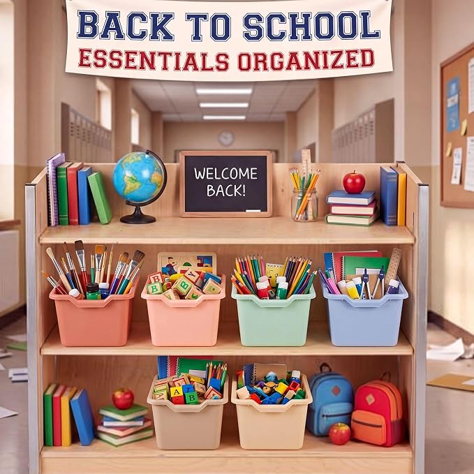 Novabright 12 Pcs Plastic Book Bins for Classroom, Back to School Supplies Library Cubby Bins Scoop Front Stackable Toy Storage Tubs Colorful Containers for Office Home Nursery Playroom Organization - Image 6