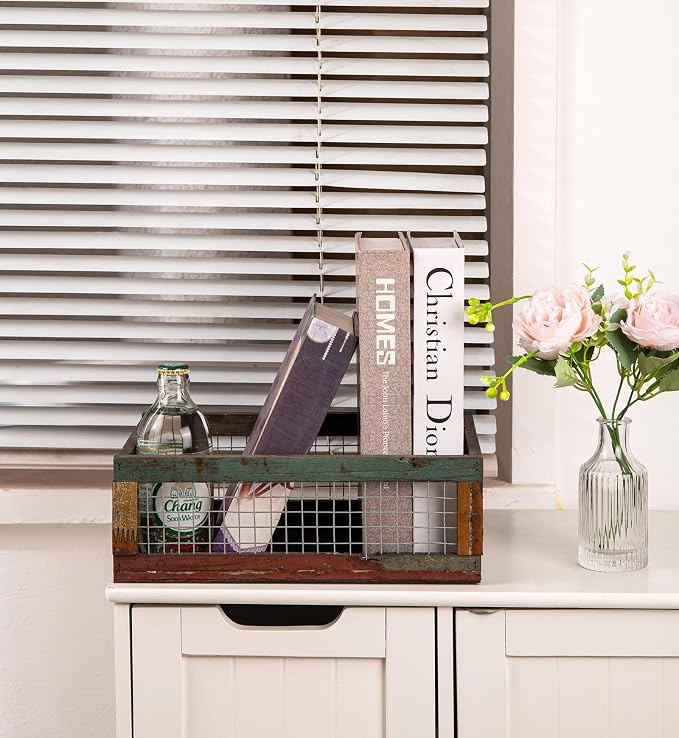 TIMRIS Set of 2 Rustic Wooden Countertop Baskets, Farmhouse Distressed Nesting Boxes, Small Decorative Wooden Storage Crates, Reclaimed Wood Organizer Baskets with Wire Mesh (Random) - Image 7