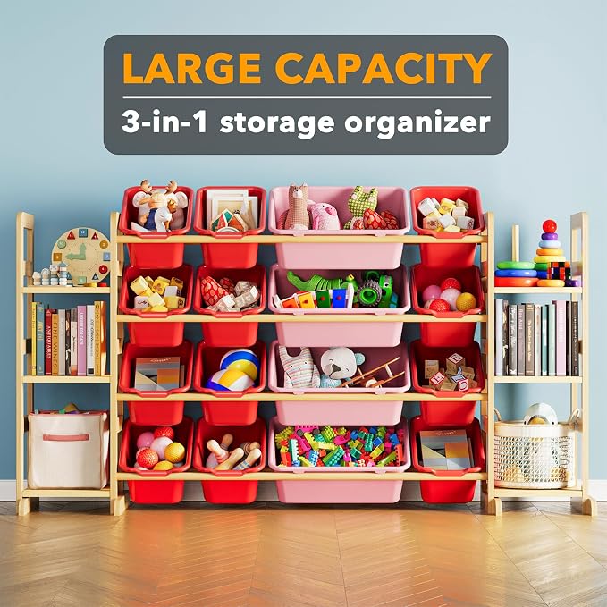 SpaceAid Toy Storage Organizer with 6 Shelves and 16 Bins, Toy Organizers Storage Bookshelf, Kids Bin Shelf Toys Box Bookcase for Bedroom Playroom Organization Room Decor, Red and Pink - Image 3