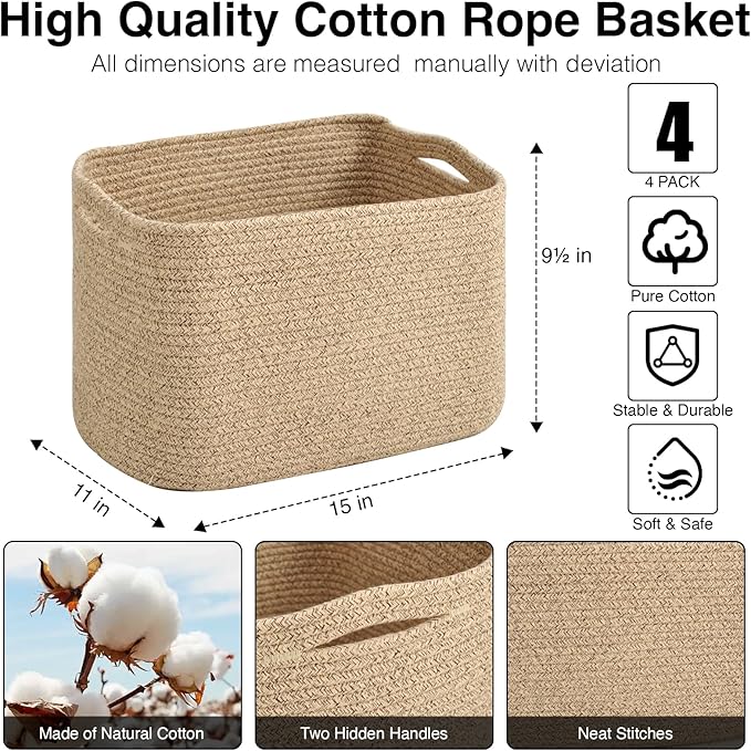 ICERZCZ Storage Baskets for Organizing & Shelves, Woven Cotton Rope Organization Bins for Dog Toys, Clothes, Books, Nursery Organizer, 15"Lx11''Wx9.5''H, (4 Packs) Brown - Image 3