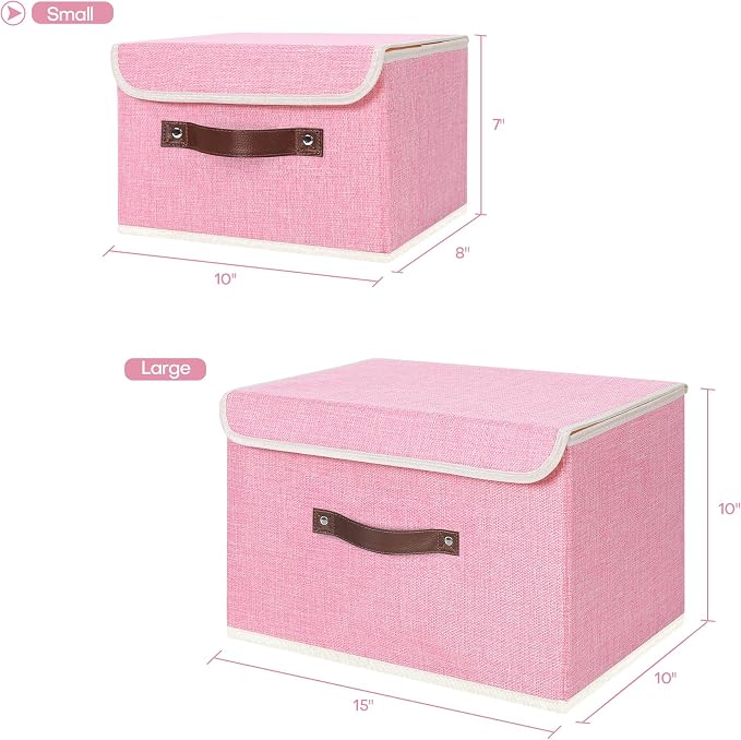 ANMINY Fabric Storage Box Bins with Lids, Pink, 10"x8"x7" | Keepsake Memory Storage, Cotton Linen, PP Board Reinforced, Washable, PU Handles, Foldable & Stackable, Decorative, Small - Image 5