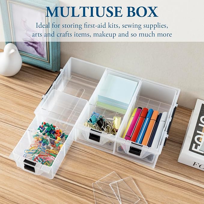 MyGift Single Add-on Tray for 11 Inch Clear Arts and Crafts Stackable Storage Box, Sewing Supplies Storage Organizer Case Accessory Optional Tray with Black Accents, 3 Drawers and Removable Dividers - Image 4