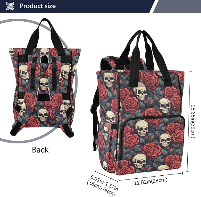 MNSRUU Diaper Bag Red Rose Skull Diaper Bag Backpack Multifunction Travel Diaper Bag Tote Large Capacity Diaper Changing Backpacks for Moms Dads - Image 3