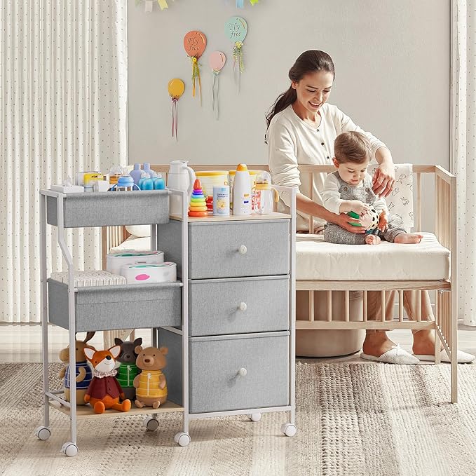 Modanais Baby Diaper Caddy Organizer Rolling Cart with Drawers, Light Gray | Detachable Dividers, 3 Tier Rolling Cart, Mobile Utility Cart with Wheels for Nursery, Bedroom, Changing Table & Crib - Image 4