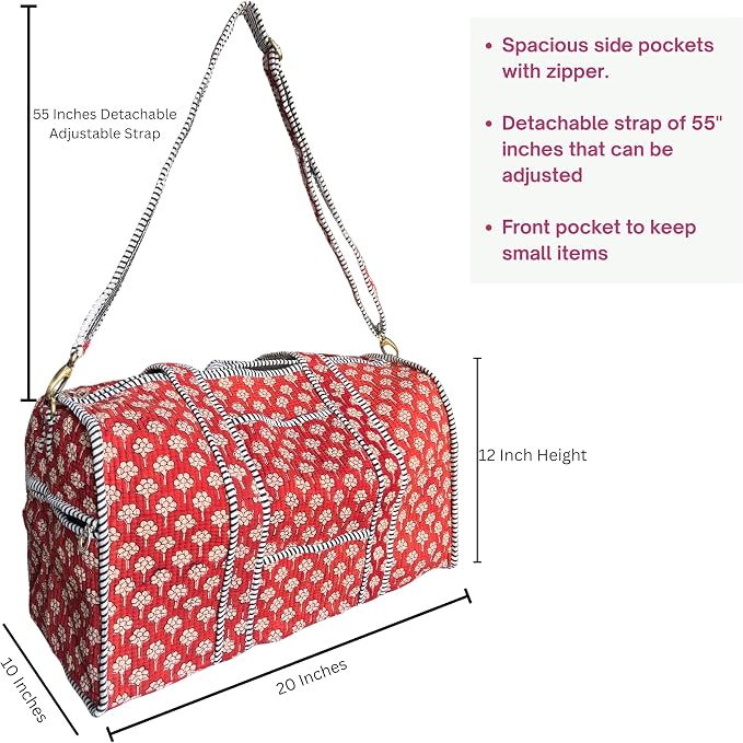 ATOSII Handblock Print 100% Cotton Large Quilted Duffle Bag for Overnight Trip, Travel Weekend Bag, Luggage, 2 Pockets with Zipper, 1 Front Pocket, Detachable Long Strap, 20 X 10 X 12 Inches, Terra - Image 2