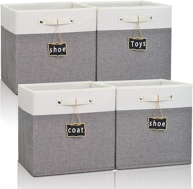 11x11 cube storage bins 4 Pack,Collapsible Fabric Storage Cubes with Labels,Linen Cube Storage Organizer Bins with Cotton Handles,Square Storage Cubes for Home,Office,Clothes,Cabinet (White Grey). by Storageexperts