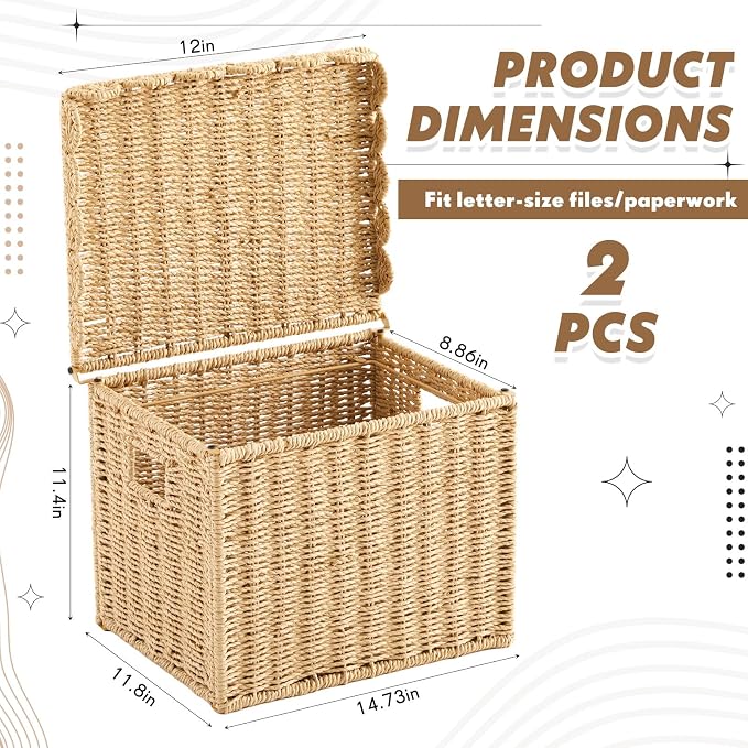 Jingmore 2 Pack Paper Rope File Storage Box with Scalloped Lid Collapsible Letter Size Hanging Filing Organizer Basket for Home, Woven Decorative Document Storage School Years Memory Box - Image 2