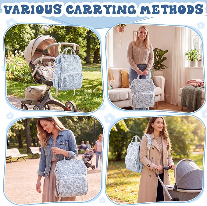 Blue Corduroy Floral Diaper Bag Backpack for Mom Large Capacity Multifunction Travel Backpack for Women, Cute Diaper Bag - Image 6