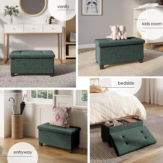Storage Ottoman Bench with Bins, 30-in Storage Bench for Bedroom End of Bed, Folding Foot Rest Ottoman for Living Room Max 660lbs, Velvet Ottomans, Green - Image 5