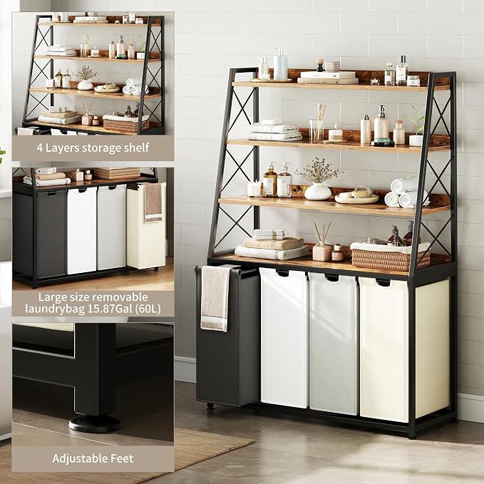 Herture Laundry Basket, 4 Section Laundry Hamper with 4 Tiers Shelf, Pull-Out and Removable Laundry Bags, Large 4 x 15.87 Gallons, for Laundry Room Bathroom Rustic Brown PF12XLN - Image 4