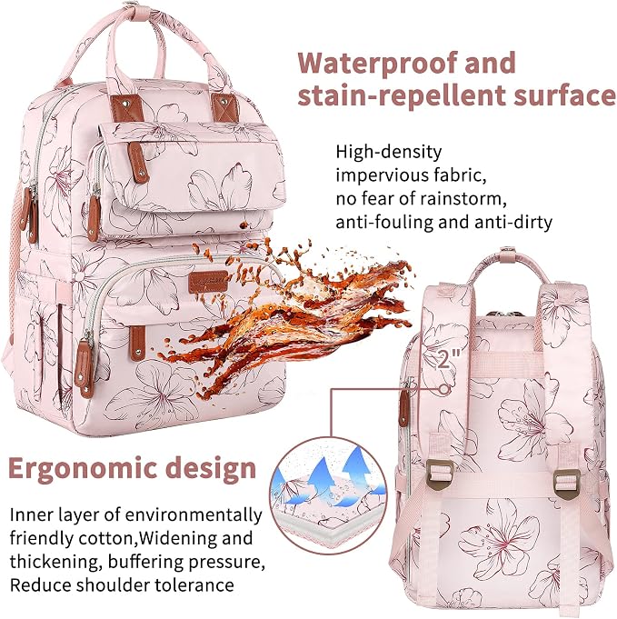 Diaper Bag Backpack, Baby Girl Diaper Bag for Mom, Large Pink Floral Diaper Bag Backpack for Girls, Waterproof Mom Backpack for Work Travel Holiday with Insulated Pockets and Stroller Straps - Image 8